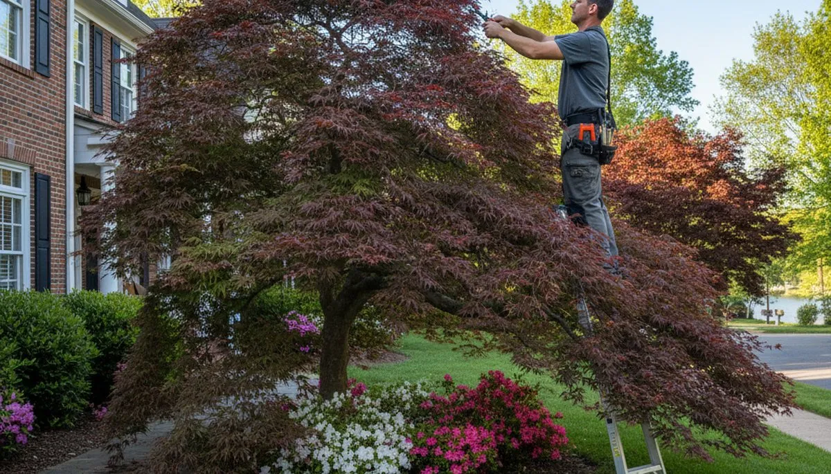 Arborist hand pruning ornamental Japanese maple for curb appeal in Richmond VA residential landscape