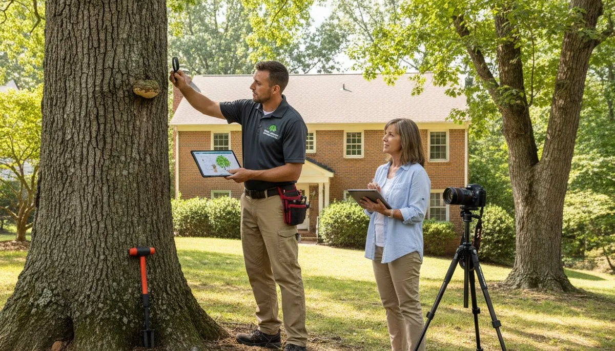 Certified arborist performing tree health assessment for homeowners in Glen Allen, VA near Richmond